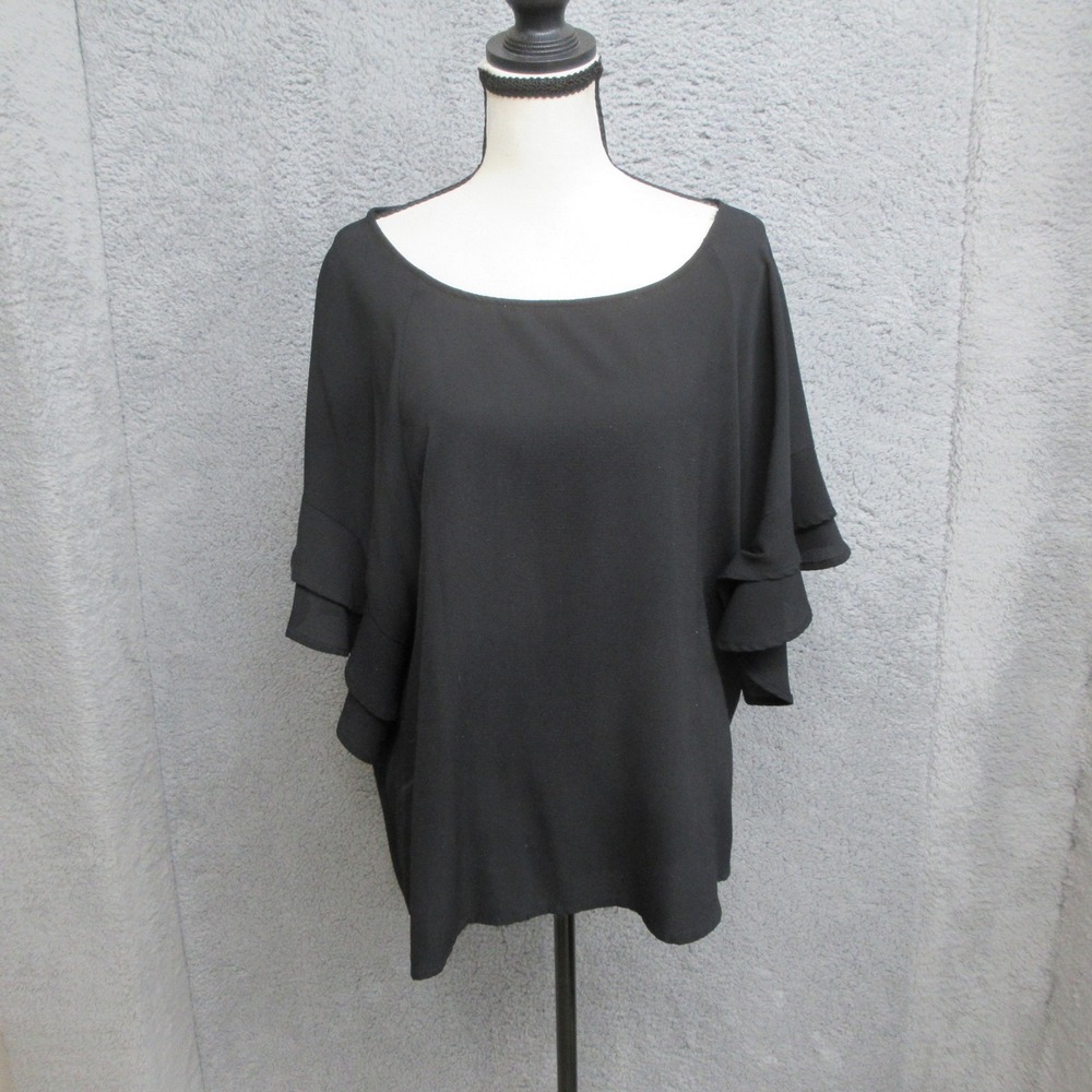 Umgee Flutter Sleeve Shirt Women M Black Scoop Neck Boutique Office Chic Capsule